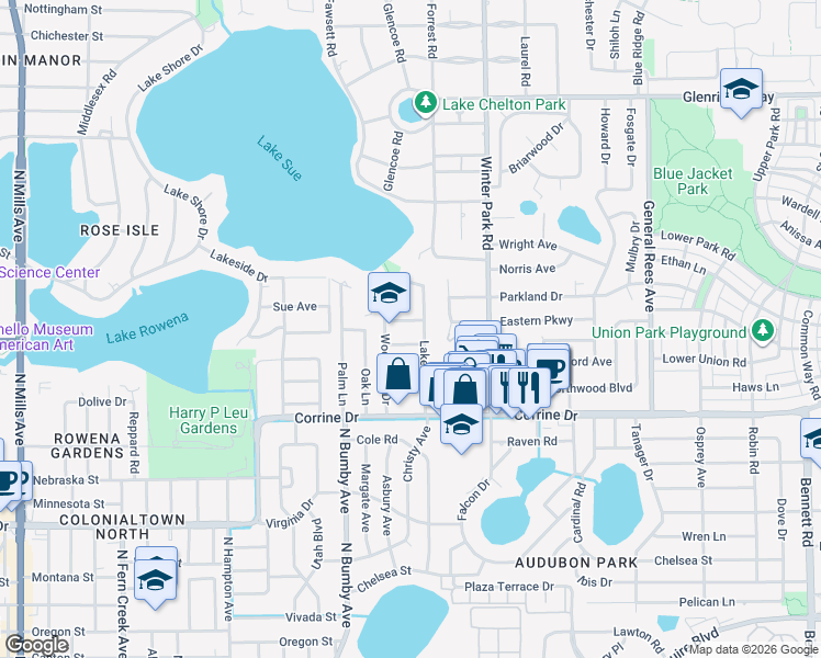 map of restaurants, bars, coffee shops, grocery stores, and more near 2507 Woodside Avenue in Orlando