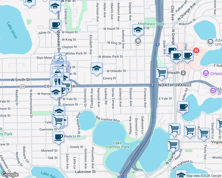map of restaurants, bars, coffee shops, grocery stores, and more near 2103 Ivanhoe Road in Orlando
