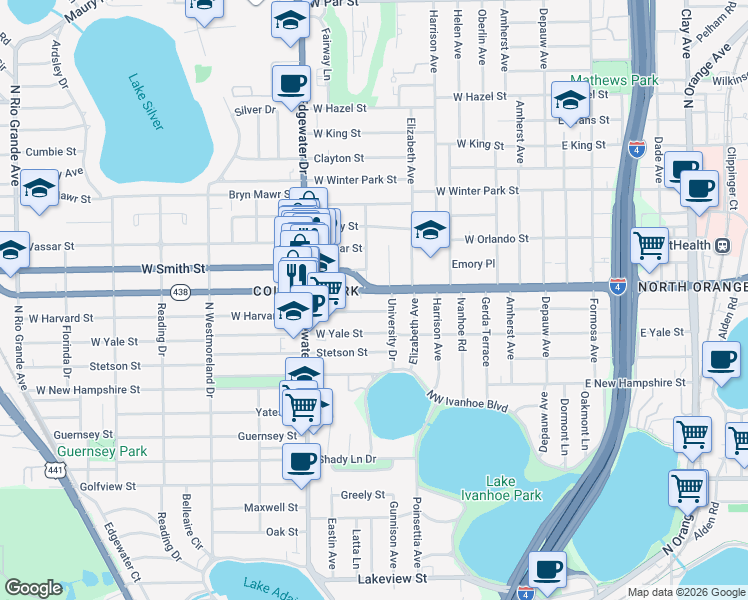 map of restaurants, bars, coffee shops, grocery stores, and more near 531 West Harvard Street in Orlando