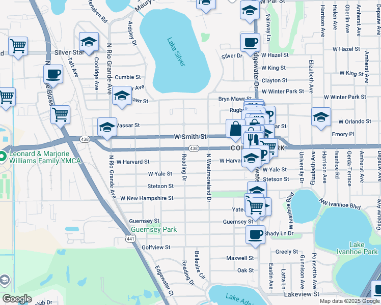 map of restaurants, bars, coffee shops, grocery stores, and more near 1025 West Harvard Street in Orlando