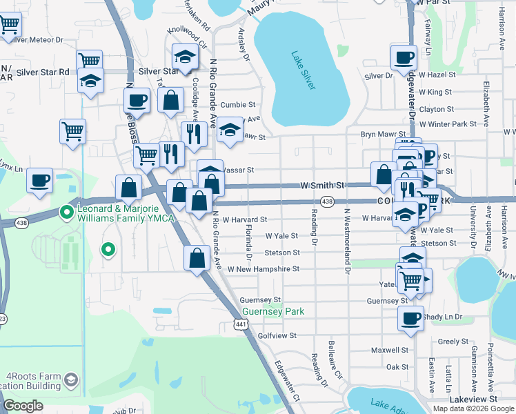 map of restaurants, bars, coffee shops, grocery stores, and more near 1333 West Harvard Street in Orlando
