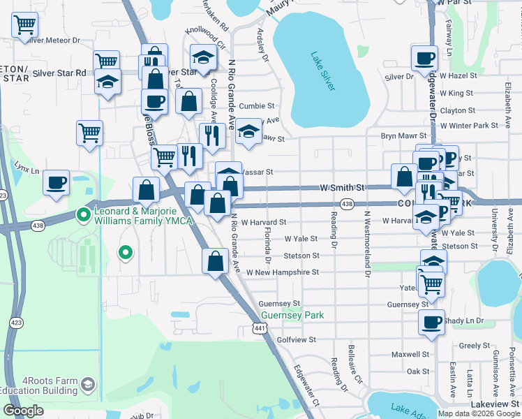 map of restaurants, bars, coffee shops, grocery stores, and more near 1421 West Harvard Street in Orlando