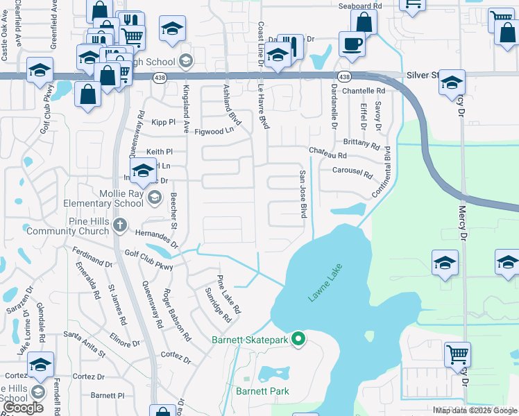 map of restaurants, bars, coffee shops, grocery stores, and more near 2106 Ashland Boulevard in Orlando