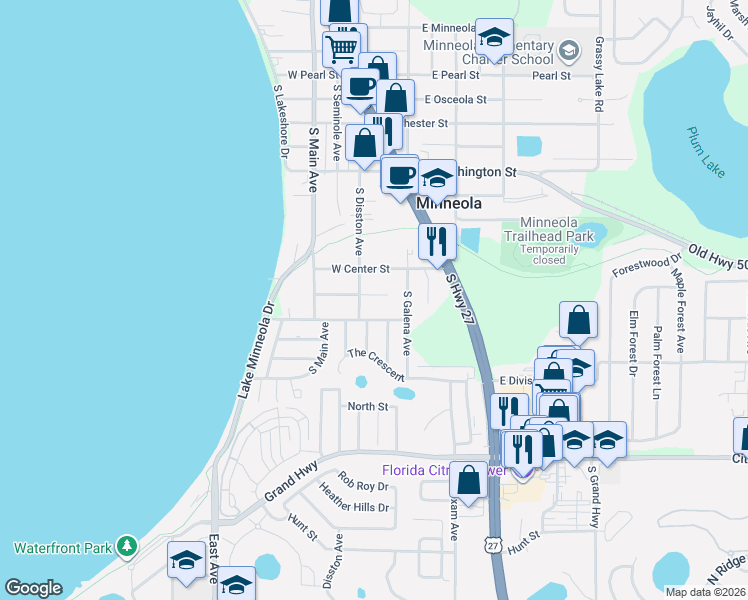 map of restaurants, bars, coffee shops, grocery stores, and more near 107 Summerhill Court in Minneola