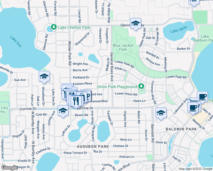 map of restaurants, bars, coffee shops, grocery stores, and more near 3031 Northwood Boulevard in Winter Park
