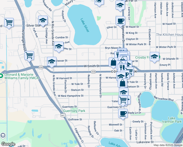 map of restaurants, bars, coffee shops, grocery stores, and more near 1106 West Princeton Street in Orlando
