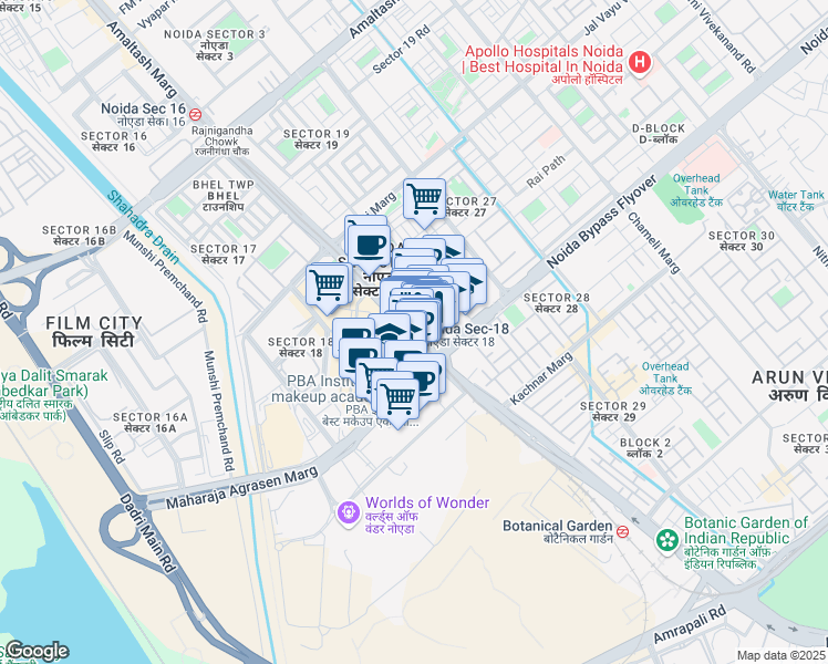 map of restaurants, bars, coffee shops, grocery stores, and more near Captain Vijyant Thapar Marg in Noida