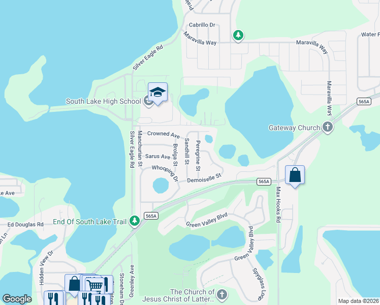 map of restaurants, bars, coffee shops, grocery stores, and more near 1115 Peregrine Street in Groveland