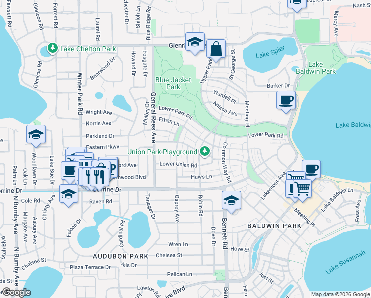 map of restaurants, bars, coffee shops, grocery stores, and more near 2075 Osprey Avenue in Orlando
