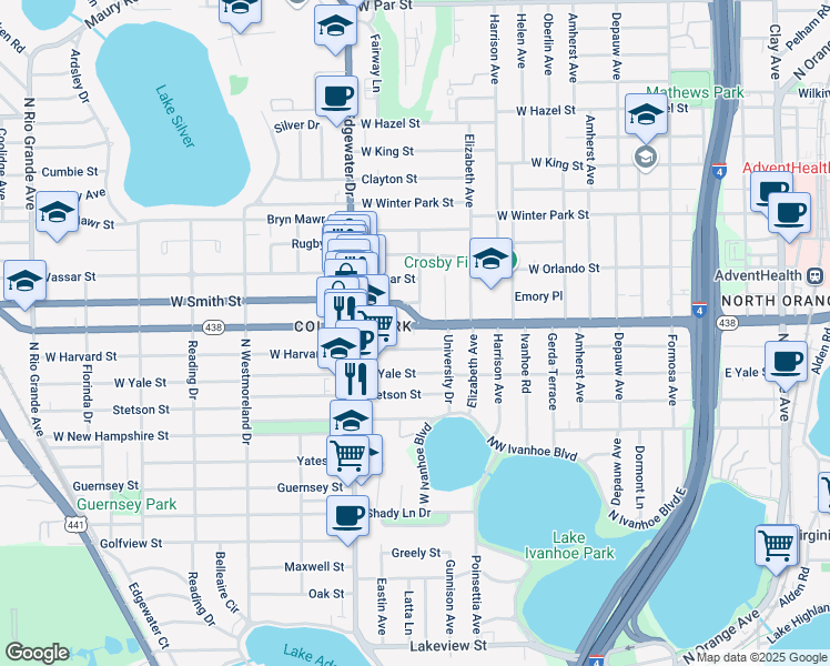 map of restaurants, bars, coffee shops, grocery stores, and more near 531 West Harvard Street in Orlando