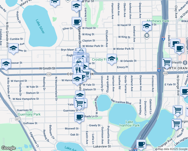 map of restaurants, bars, coffee shops, grocery stores, and more near 531 West Harvard Street in Orlando