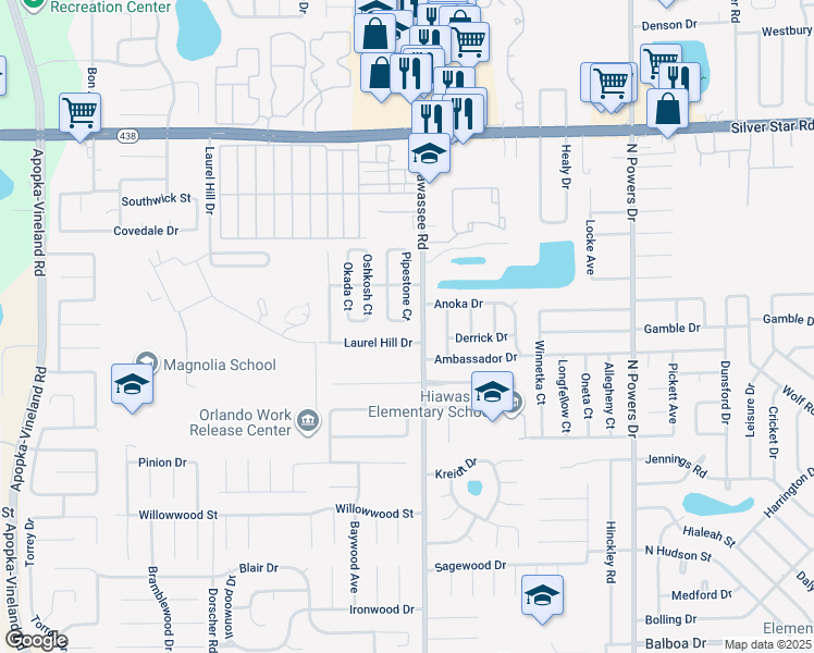 map of restaurants, bars, coffee shops, grocery stores, and more near 2207 Pipestone Court in Orlando