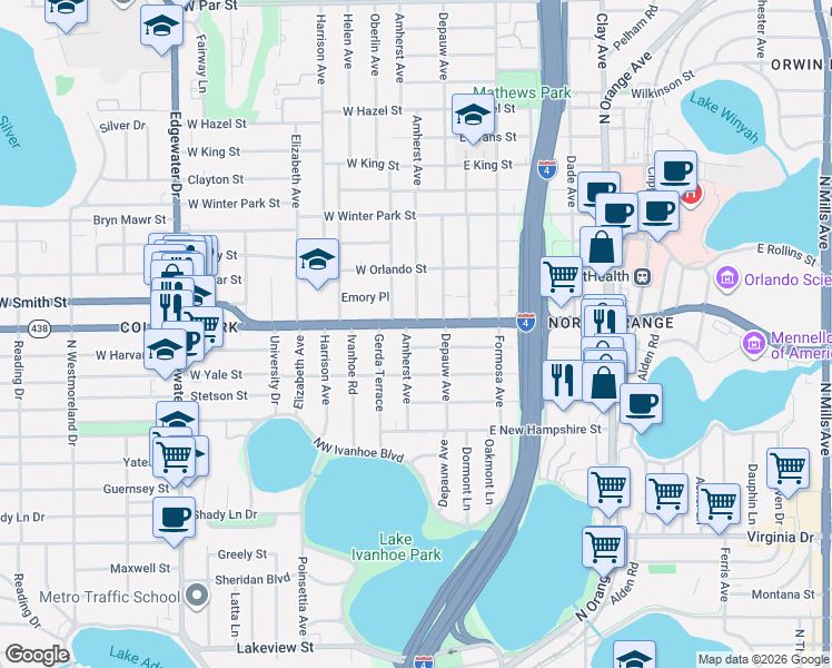 map of restaurants, bars, coffee shops, grocery stores, and more near 2104 Amherst Avenue in Orlando