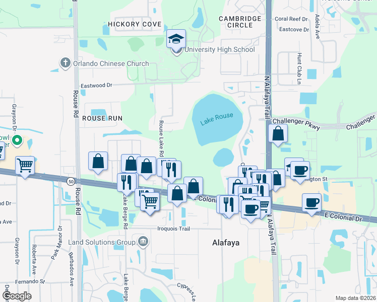 map of restaurants, bars, coffee shops, grocery stores, and more near 1893 Rouse Lake Road in Orlando