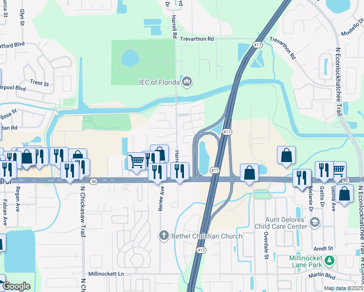 map of restaurants, bars, coffee shops, grocery stores, and more near 8801 Mishawaka Lane in Orlando