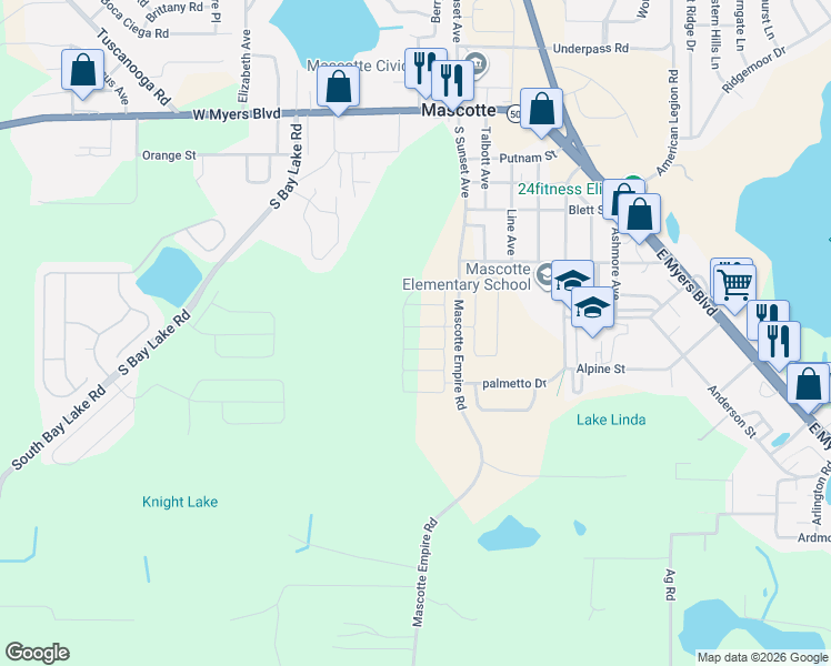 map of restaurants, bars, coffee shops, grocery stores, and more near 14917 Mascotte Empire Road in Groveland