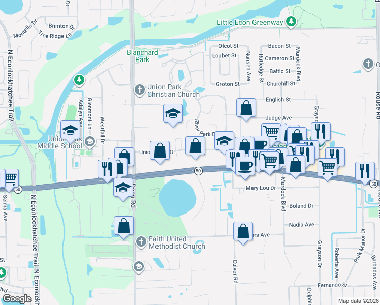 map of restaurants, bars, coffee shops, grocery stores, and more near 2018 Royal Vista Court in Orlando