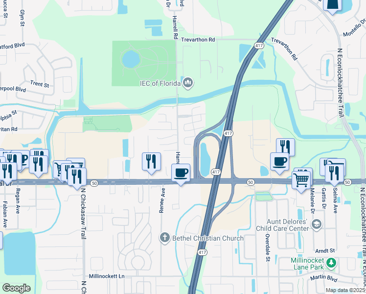 map of restaurants, bars, coffee shops, grocery stores, and more near 8801 Mishawaka Lane in Orlando