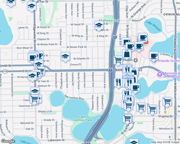 map of restaurants, bars, coffee shops, grocery stores, and more near 9 West Harvard Street in Orlando