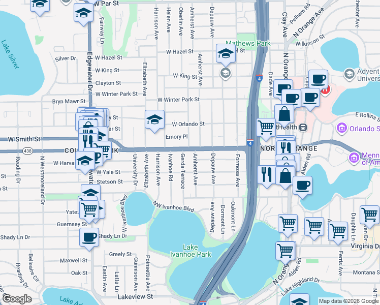 map of restaurants, bars, coffee shops, grocery stores, and more near 2104 Amherst Avenue in Orlando