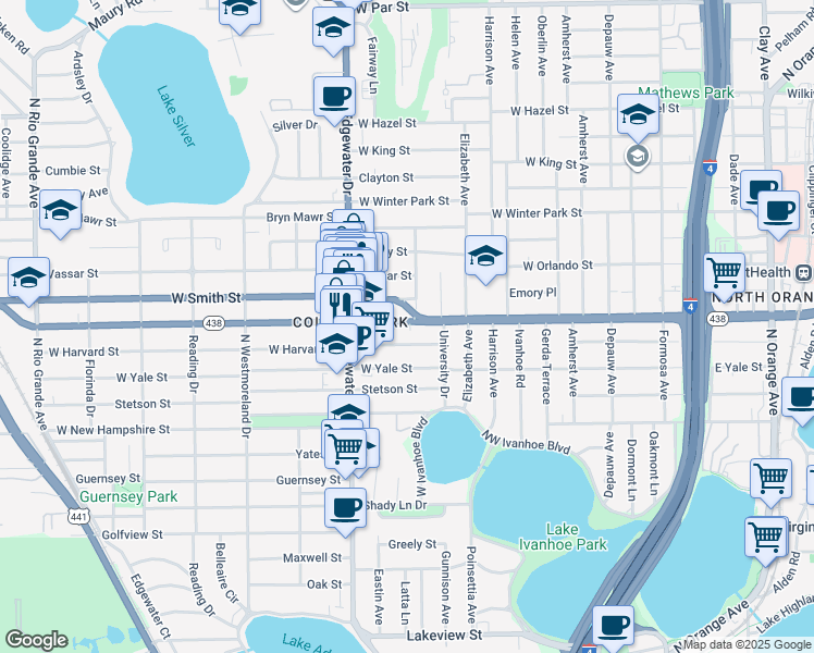 map of restaurants, bars, coffee shops, grocery stores, and more near 531 West Harvard Street in Orlando