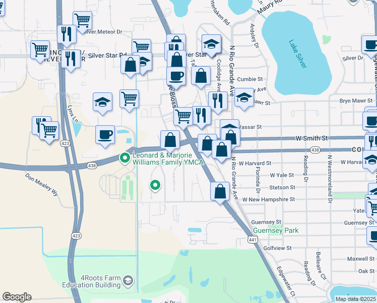 map of restaurants, bars, coffee shops, grocery stores, and more near 2090 North Orange Blossom Trail in Orlando