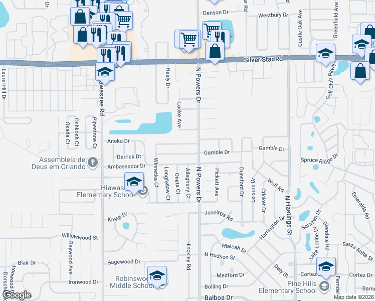 map of restaurants, bars, coffee shops, grocery stores, and more near 6300 Gamble Drive in Orlando