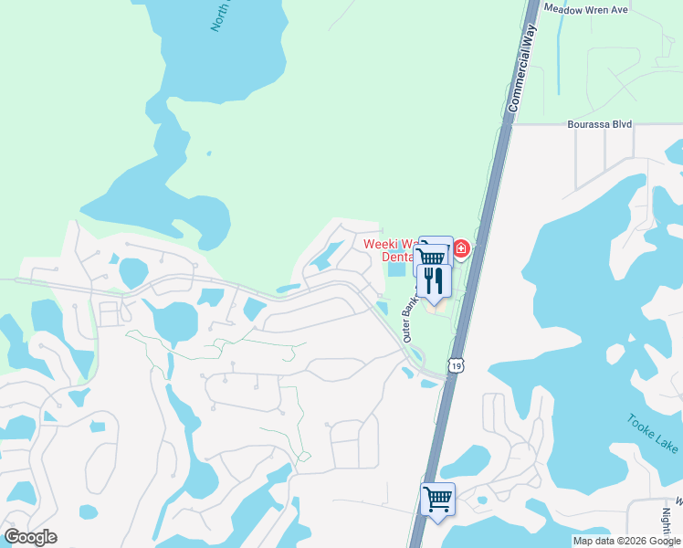 map of restaurants, bars, coffee shops, grocery stores, and more near 9398 Burnam Drive in Weeki Wachee