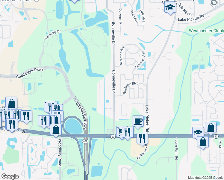 map of restaurants, bars, coffee shops, grocery stores, and more near 1800 Bonneville Drive in Orlando