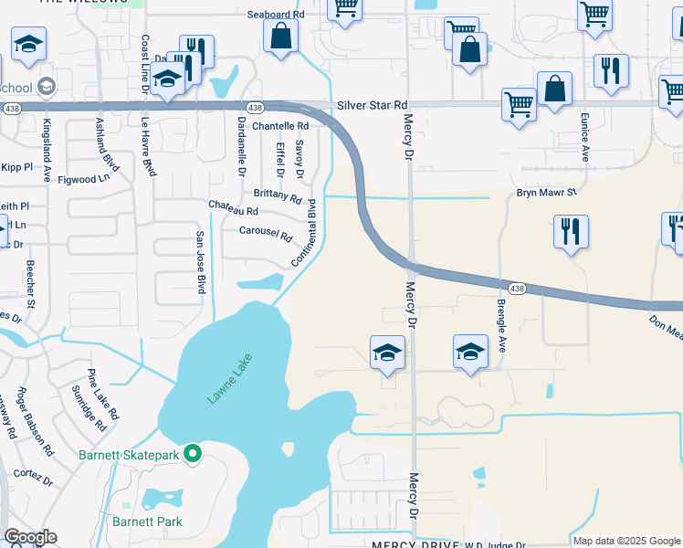 map of restaurants, bars, coffee shops, grocery stores, and more near 2100 Mercy Drive in Orlando