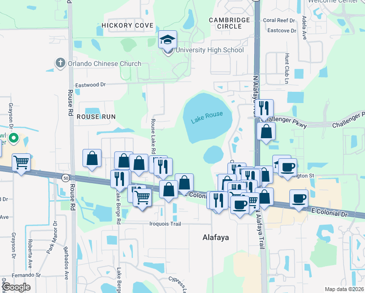 map of restaurants, bars, coffee shops, grocery stores, and more near 1893 Rouse Lake Road in Orlando