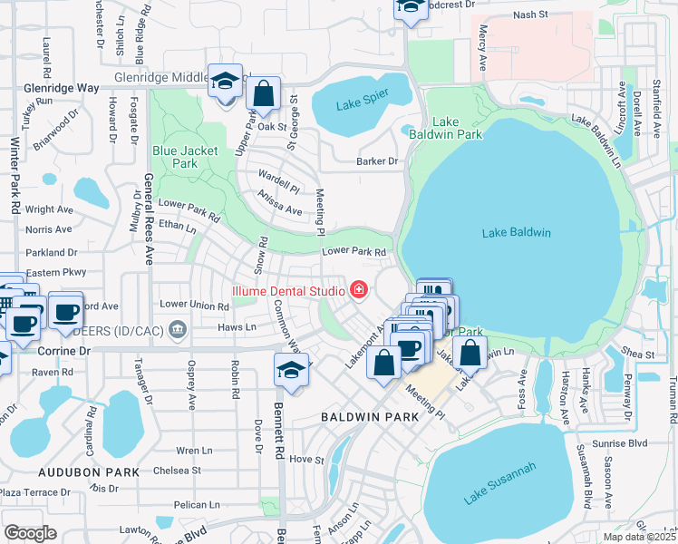 map of restaurants, bars, coffee shops, grocery stores, and more near 2071 Meeting Place in Orlando