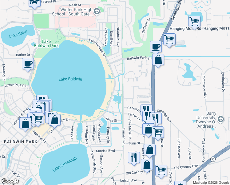 map of restaurants, bars, coffee shops, grocery stores, and more near 2097 Lake Baldwin Lane in Orlando