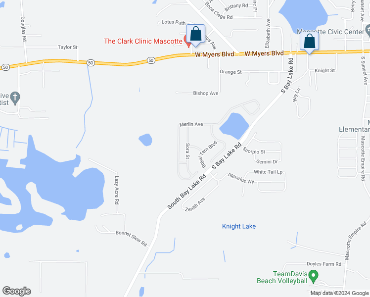 map of restaurants, bars, coffee shops, grocery stores, and more near 15132 Sora Street in Mascotte