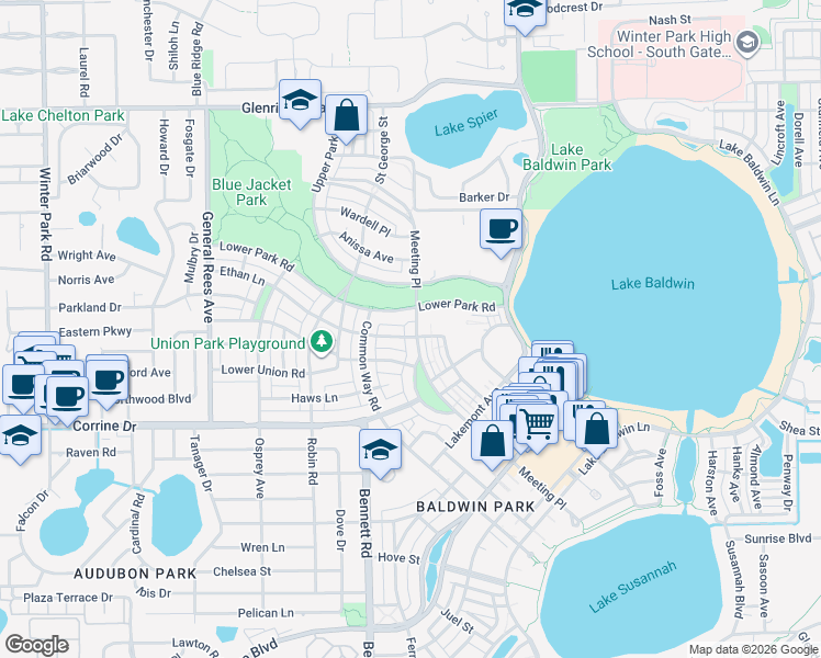 map of restaurants, bars, coffee shops, grocery stores, and more near 2120 Meeting Place in Orlando
