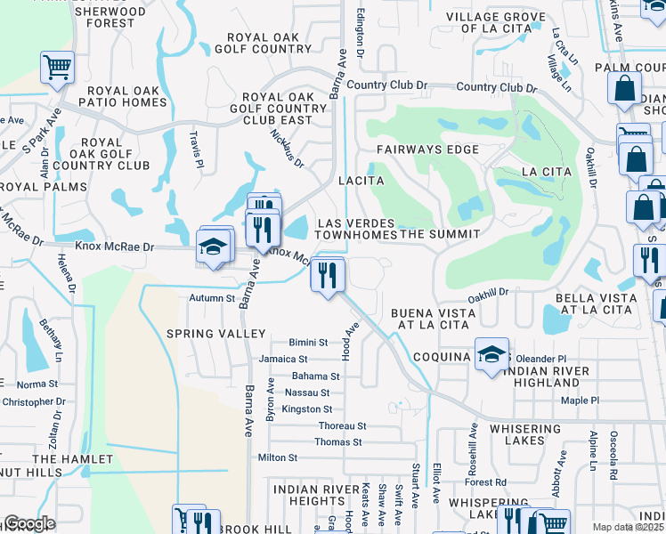 map of restaurants, bars, coffee shops, grocery stores, and more near 1065 Solamere Drive in Titusville