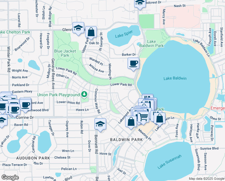 map of restaurants, bars, coffee shops, grocery stores, and more near 2071 Meeting Place in Orlando