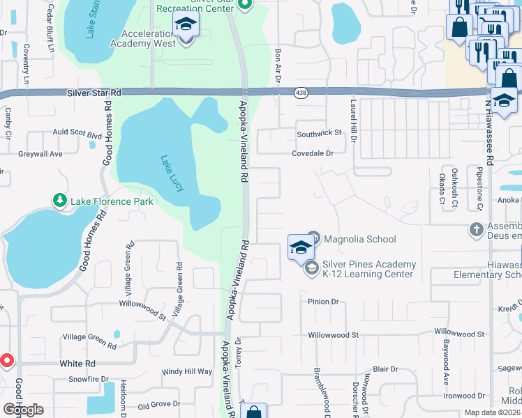 map of restaurants, bars, coffee shops, grocery stores, and more near 2210 Bridgewood Trail in Orlando