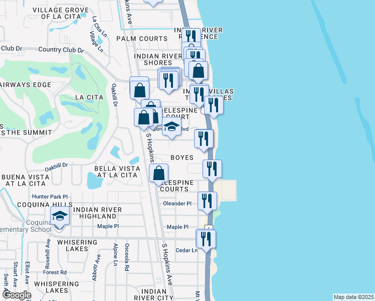 map of restaurants, bars, coffee shops, grocery stores, and more near Aguinaldo Avenue in Titusville