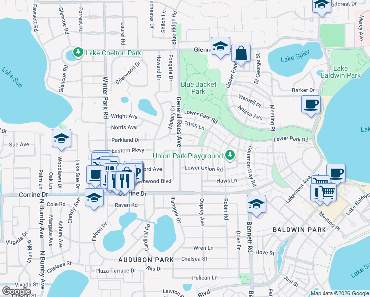 map of restaurants, bars, coffee shops, grocery stores, and more near 3676 Parkland Drive in Orlando