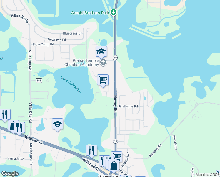 map of restaurants, bars, coffee shops, grocery stores, and more near 6002 Churchill Square Way in Groveland