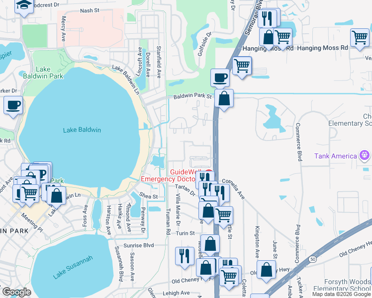 map of restaurants, bars, coffee shops, grocery stores, and more near 5489 Decatur Street in Orlando
