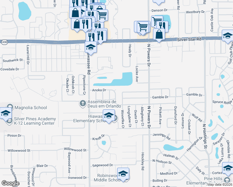 map of restaurants, bars, coffee shops, grocery stores, and more near 2237 Cindy Circle in Pine Hills