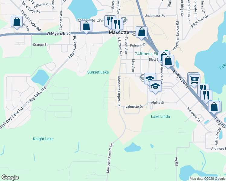 map of restaurants, bars, coffee shops, grocery stores, and more near in Mascotte