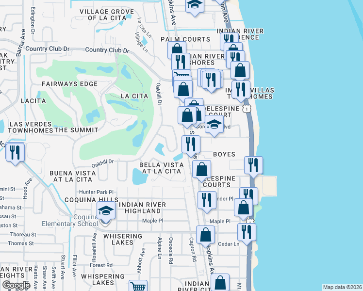 map of restaurants, bars, coffee shops, grocery stores, and more near 401 Waterside Circle in Titusville