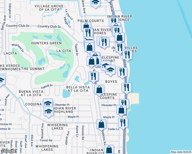 map of restaurants, bars, coffee shops, grocery stores, and more near 3671 South Hopkins Avenue in Titusville