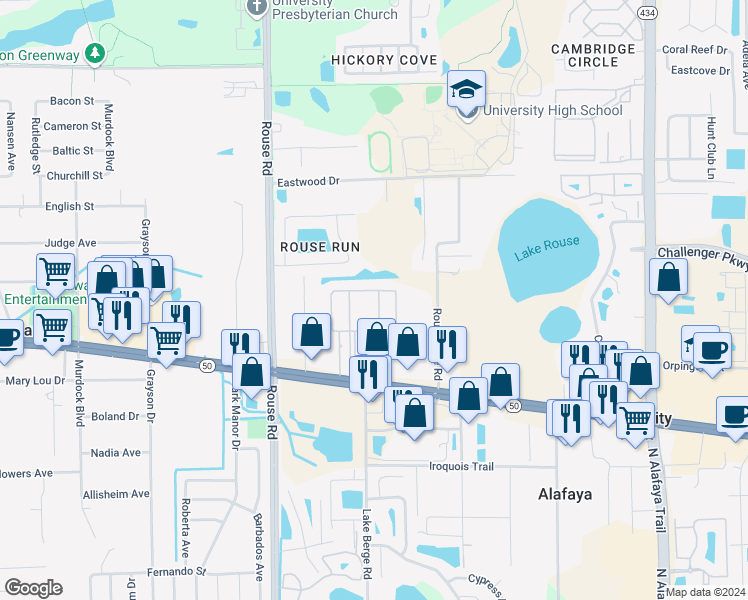 map of restaurants, bars, coffee shops, grocery stores, and more near Relaxation Loop in Orlando