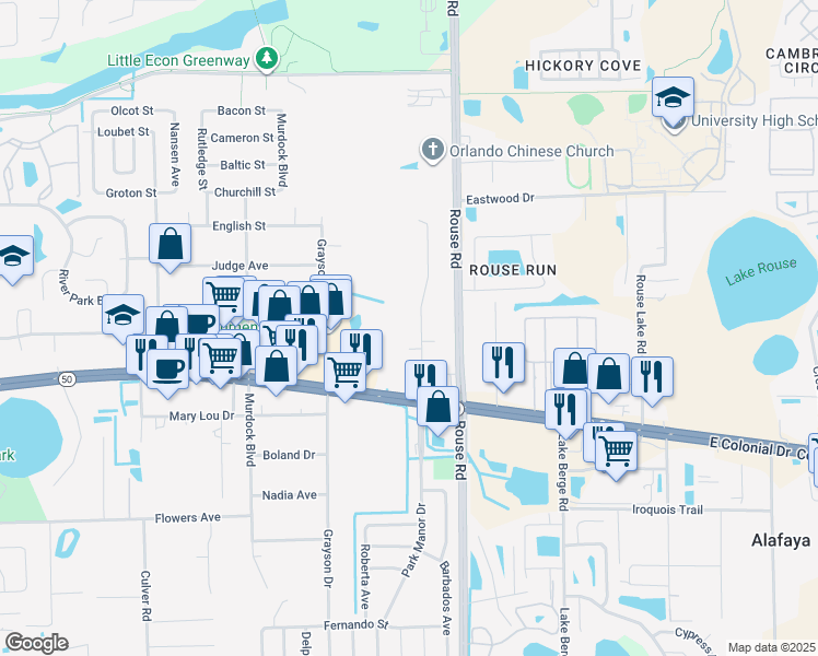 map of restaurants, bars, coffee shops, grocery stores, and more near 1920 Park Manor Drive in Orlando