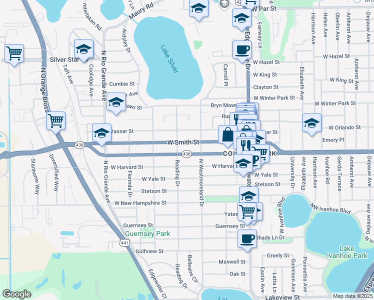 map of restaurants, bars, coffee shops, grocery stores, and more near 1022 West Smith Street in Orlando