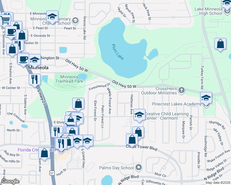 map of restaurants, bars, coffee shops, grocery stores, and more near 835 High Pointe Circle in Minneola